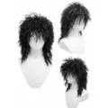 Black fluffy punk rock wig for Halloween costume party, retro messy curly hair piece for men. - Black