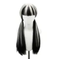 Black and white highlighted long straight pigtail wig with bangs, perfect for cosplay. - Black and White