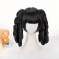 Black Lolita cosplay wig with twin pigtails and spiral ringlets, straight bangs doll hair style. - Black