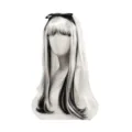 Details of black and white highlighted long straight wig with cute bow headband for party use. - Black and White
