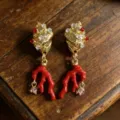 Gold shell and red coral tassel earrings with sparkling rhinestones for women, vintage jewelry. - Red Coral