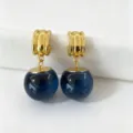 French vintage gold ribbed hoop earrings with dark blue glass crystal spheres for women. - Blue