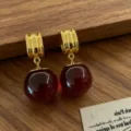 French vintage gold C-hoop earrings with dark red crystal sphere design fashion jewelry - Red
