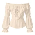 Élégante chemisier vintage à épaules dénudées avec lacets et volants pour mode femme - S / Beige