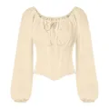 Vue de détail du chemisier beige à manches longues avec laçage avant et corsage corset cintré. - S / Beige