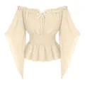 Chemisier vintage français épaules dénudées lacets manches longues élégant haut détail - S / Hauts / Beige
