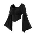 Élégant top corset noir de style renaissance pour femme avec de longues manches évasées. - M / Noir