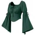 Vue détaillée du chemisier corset Renaissance vert foncé avec manches trompette longues. - M / Vert