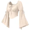 Blouse corset style Renaissance, épaules dénudées, manches trompette et nœud papillon élégant. - M / Beige
