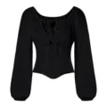 Top corset noir de style vintage français à manches longues avec col carré et nœud papillon. - S / Noir