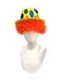 Halloween clown hat with bright orange curly afro wig, colorful polka dot top hat. - Orange