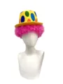 Close-up detail of the colorful polka dot clown top hat paired with bright pink curly afro wig. - Rose Red