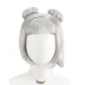 Silver tinsel short bob wig with double buns and bangs for cosplay party stage costume. - Silver