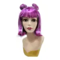 Purple short bob wig detail with double space buns, bangs, and sparkling silver tinsel strands. - Purple