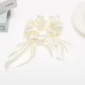 Elegant white satin hair scrunchie with cute streaming ribbon bow for women and girls daily. - White