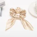 Silk satin hair scrunchie with long ribbon bow, elegant solid color hair accessory for women. - Khaki