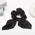 Black satin hair scrunchie with long ribbon bow, elegant ponytail holder hair accessories. - Black