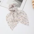 French style floral print hair scrunchie with long streamer bows for women ponytail styling. - Yellow and Purple Floral