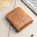 Mens short vintage zipper wallet in brown PU leather with stylish vertical stitch details. - Light Coffee