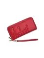Portafoglio lungo da donna in pelle rossa con ricamo floreale, doppia cerniera e comodo laccetto. - Rosso