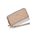 Portafoglio lungo trapuntato chic da donna in colore albicocca con ricamo floreale e polsiera. - Khaki