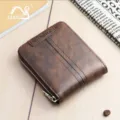 Portafoglio corto vintage marrone con cerniera e cucitura verticale da uomo. - Marrone scuro