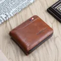 Close-up view of the brown leather wallet featuring detailed zipper closure and embossed logo. - Light Brown Style 2
