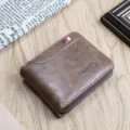 Men's retro short zip wallet detail view, premium textured PU leather with card slots and coin pocket. - Dark Coffee Style 2