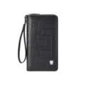 Cartera larga de cuero negro para hombre doble cremallera bolso de mano con correa - Negro