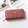 Women long zipper wallet PU leather card holder stylish purse with metal heart detail. - Dusty Pink