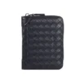 Men black woven leather short wallet zipper multi card slot fashion money purse daily use - Black