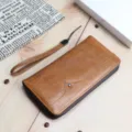 Portafoglio lungo da uomo in pelle PU marrone con cinturino, pochette vintage casual dettaglio. - Marrone Vivace