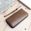 Portafoglio lungo da uomo in pelle marrone con cinturino da polso, borsa pochette multifunzionale. - Caffè Maturo