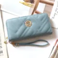 Portafoglio lungo donna con zip trapuntato in pelle PU borsa a mano con polsino blu - Azzurro