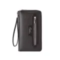 Portafoglio uomo lungo marrone scuro in pelle doppia cerniera pochette con cinturino da polso. - Marrone scuro