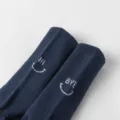 Cotton mid-calf socks featuring trendy smiley face and letter embroidery for daily wear. - 37-43 / Navy Blue
