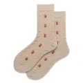 Beige cable knit mid-tube socks with cute red floral embroidery, vintage autumn winter style. - 35-40 / Khaki