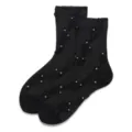Black mid-calf cotton socks for women with vintage metallic floral embroidery and retro style - One Size (35-40) / Black