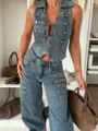 Fashion casual denim vest and pants set with unique metal buttons for women daily wear - S / Tops / Blue