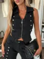 Women stylish black denim sleeveless vest and pants set with metal buttons outfit. - S / Tops / Black