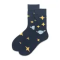 Dark blue crew socks featuring cute yellow stars and light blue planet patterns for daily wear. - 37-43 / Dark Blue Star Planet
