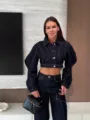Women dark denim two-piece set featuring contrast stitching, long sleeve cropped jacket and wide leg pants. - S / Tops / Dark Blue