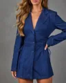 Denim blazer jacket for women, stylish lapel collar, button-up front, and chic side tie waist. - S / Tops / Dark Blue