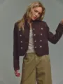 Femme veste style militaire manches longues automne mode vintage chic casual haut tendance - S / Châtain
