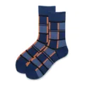 Stylish street-style cotton crew socks with vibrant blue, orange and black plaid pattern. - Blue Orange Black Plaid (D2)