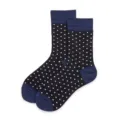 Classic navy blue crew socks with white polka dots, comfortable cotton blend for daily wear. - Navy Blue White Polka Dot (E1)