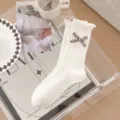 Vrouwen witte halverwege kuit sokken met zoete bloemen strik volants gebreide mode - One Size (35-39) / Bloemen strik