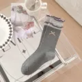 Dames Grijs Sokken Volants Rand Schattige Strik Katoen Sokken Dagelijkse Casual Mode - One Size (35-39) / Dubbele Sokboord
