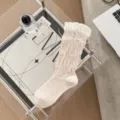 Λευκές ιαπωνικού στιλ κάλτσες γάμπας με δαντελωτά βολάν και όμορφη φιόγκο παραλλαγή. - Ένα Μέγεθος (35-39) / Ροζ