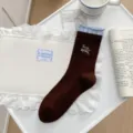 Japanese style lace trim cotton crew socks with brown plaid cuff and cute embroidery - Alphabet
